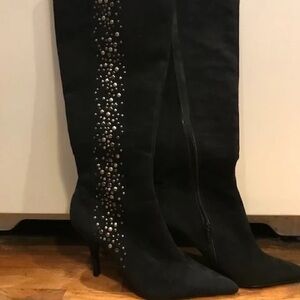 Black Suede Knee-High Boots with Studded Side Detail